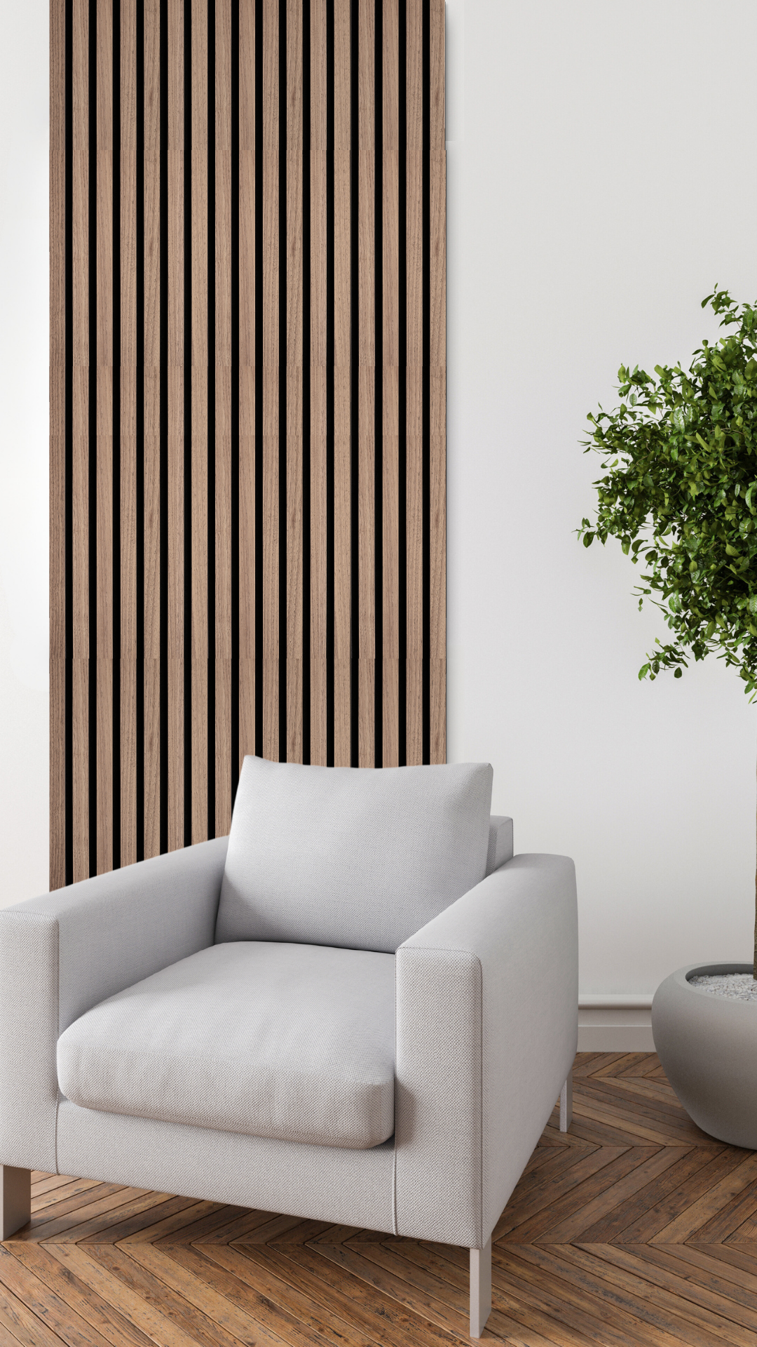 High-quality &amp; sustainable Scandinavian inspired American Black Walnut noise reducing acoustic wood slat wall and ceiling panel from aura + form.