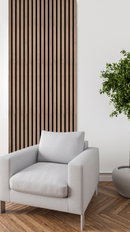 High-quality & sustainable Scandinavian inspired American Black Walnut noise reducing acoustic wood slat wall and ceiling panel from aura + form.