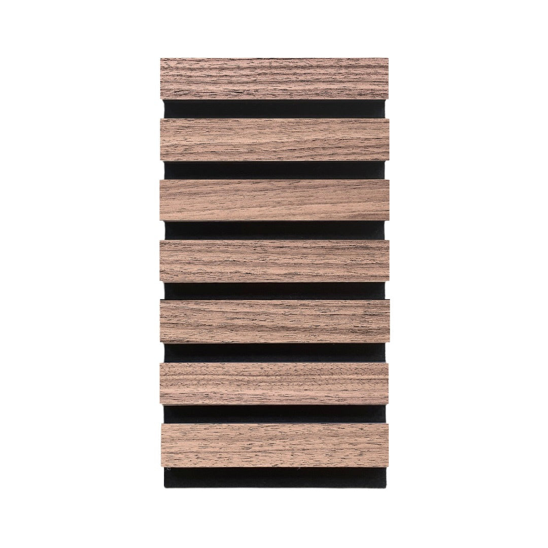 High-quality & sustainable Scandinavian inspired American Black Walnut noise reducing acoustic wood slat wall and ceiling panel sample from aura + form.