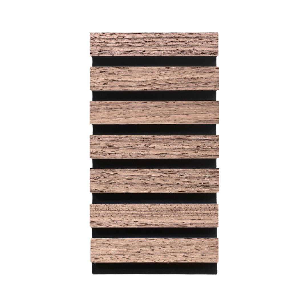 High-quality &amp; sustainable Scandinavian inspired American Black Walnut noise reducing acoustic wood slat wall and ceiling panel sample from aura + form.