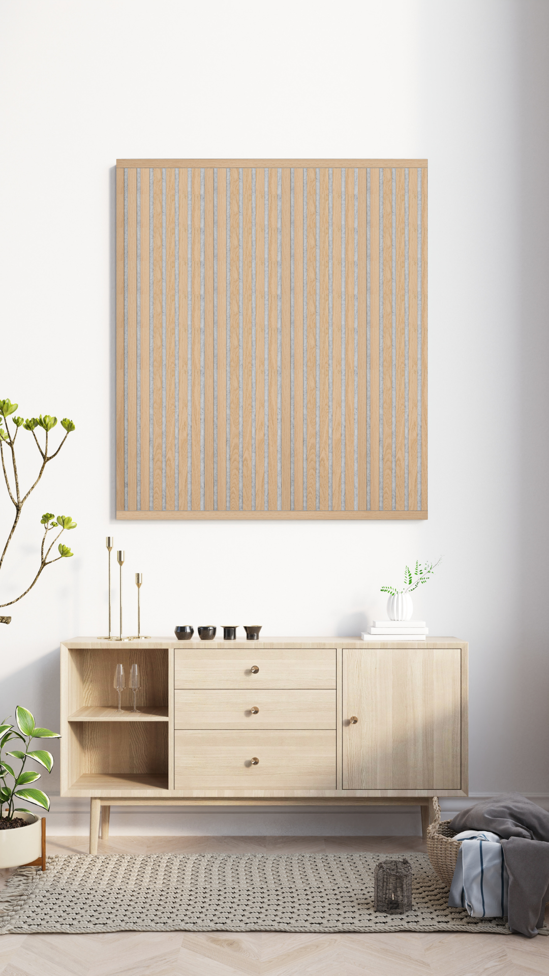 High-quality & sustainable Scandinavian inspired European White Oak noise reducing acoustic wood slat wall and ceiling panel with grey felt from aura + form.