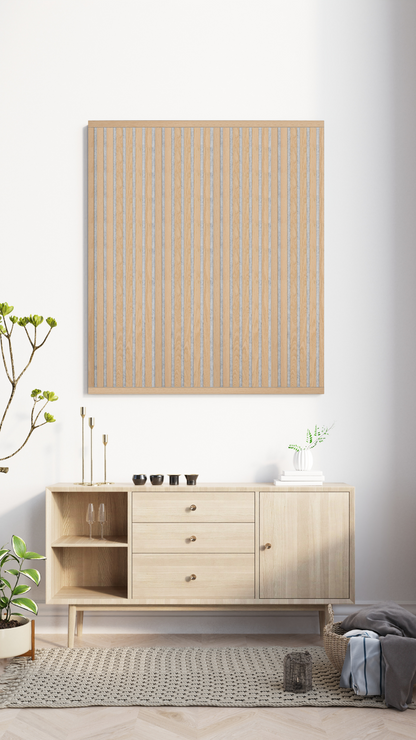 High-quality &amp; sustainable Scandinavian inspired European White Oak noise reducing acoustic wood slat wall and ceiling panel with grey felt from aura + form.