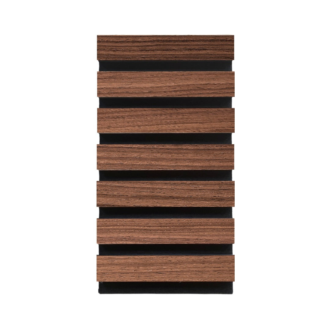 High-quality &amp; sustainable Scandinavian inspired American Black Walnut noise reducing acoustic wood slat wall and ceiling panel sample from aura + form.