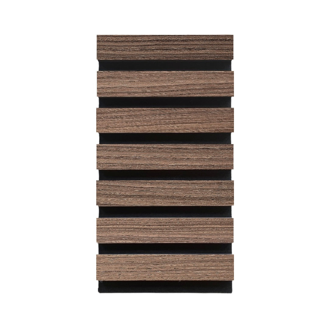 High-quality & sustainable Scandinavian inspired American Black Walnut noise reducing acoustic wood slat wall and ceiling panel sample from aura + form.