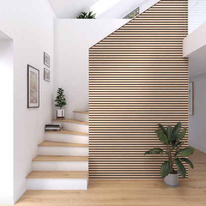 Interior design project photo featuring vertically installed natural European white oak acoustic slat wall paneling with black felt.