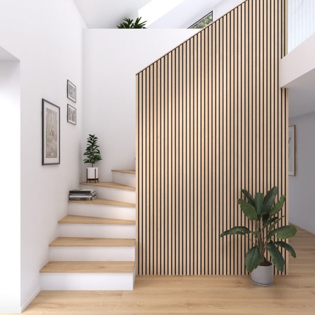 Interior design project photo featuring vertically installed natural European white oak acoustic slat wall paneling with black felt.