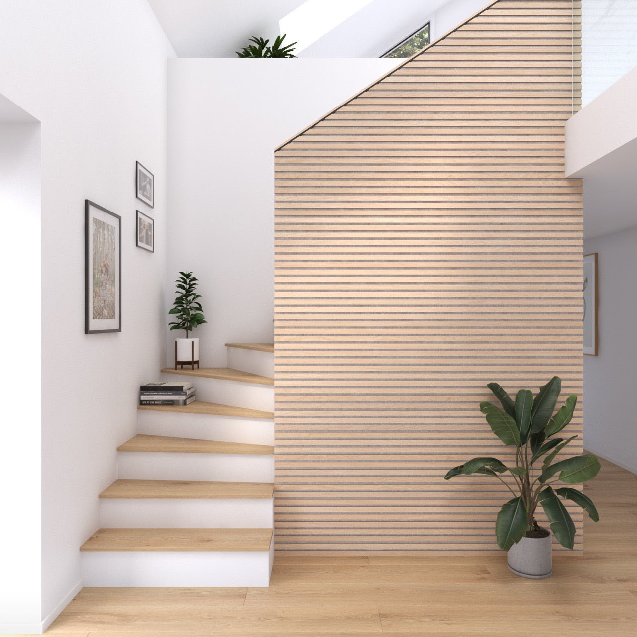 High-quality & sustainable Scandinavian inspired European White Oak with light grey felt noise reducing acoustic wood slat wall and ceiling panels from aura + form.