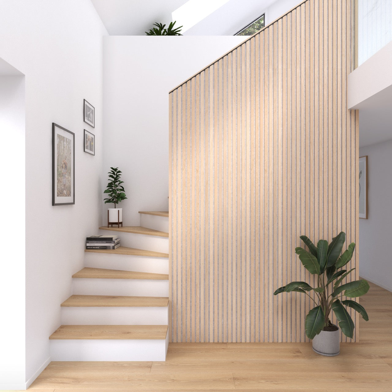 High-quality & sustainable Scandinavian inspired European White Oak with light grey felt noise reducing acoustic wood slat wall and ceiling panels from aura + form.