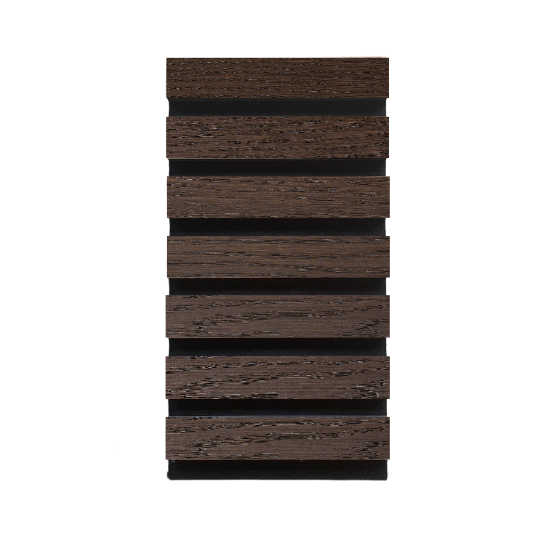 High-quality &amp; sustainable Scandinavian inspired European Smoked Oak noise reducing acoustic wood slat wall and ceiling panel sample from aura + form.