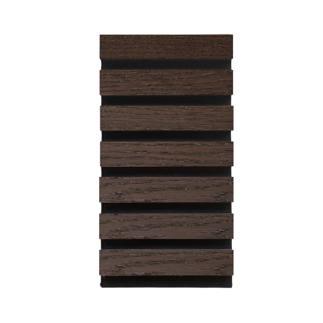 High-quality & sustainable Scandinavian inspired European Smoked Oak noise reducing acoustic wood slat wall and ceiling panel sample from aura + form.