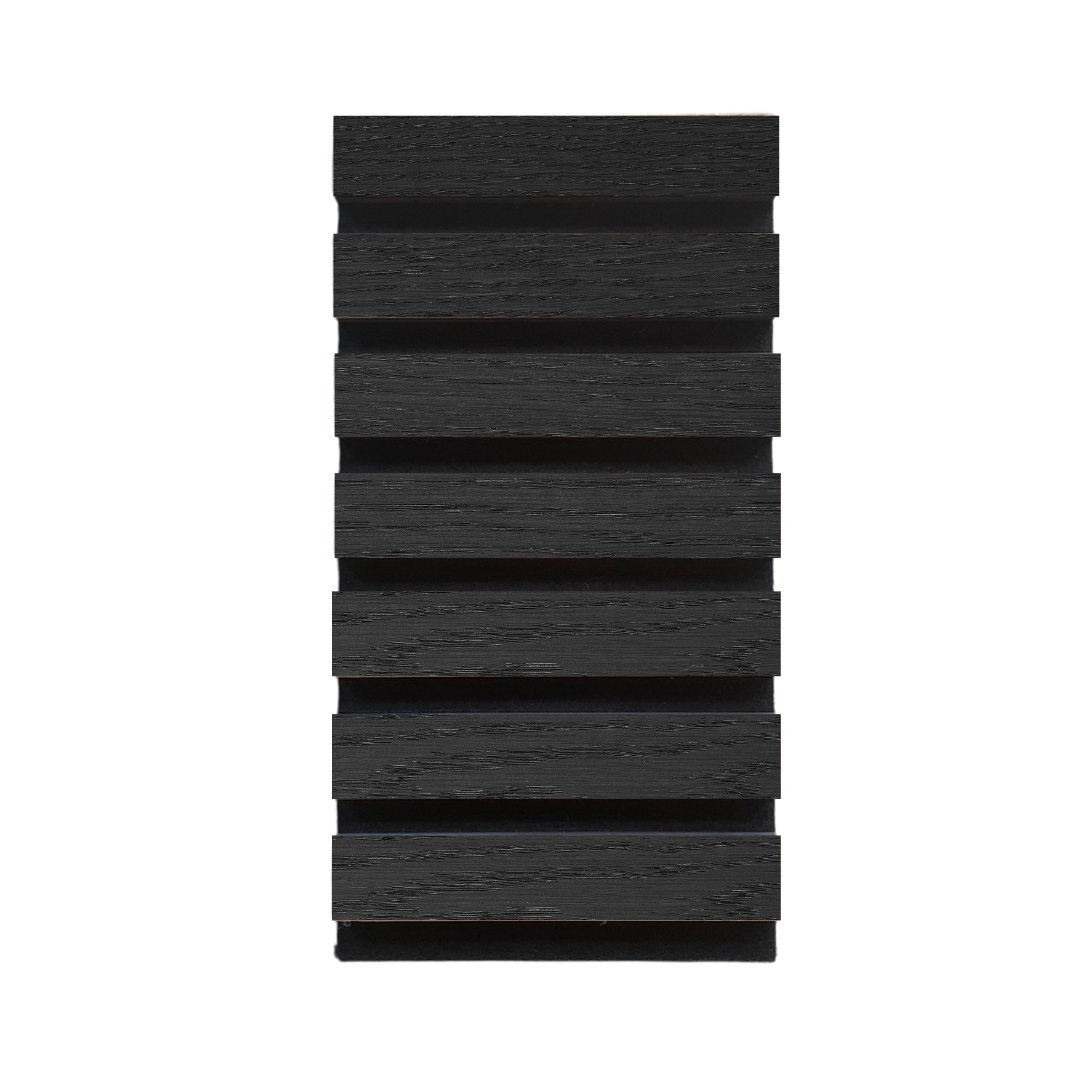 High-quality & sustainable Scandinavian inspired European Smoked Oak noise reducing acoustic wood slat wall and ceiling panel sample from aura + form.