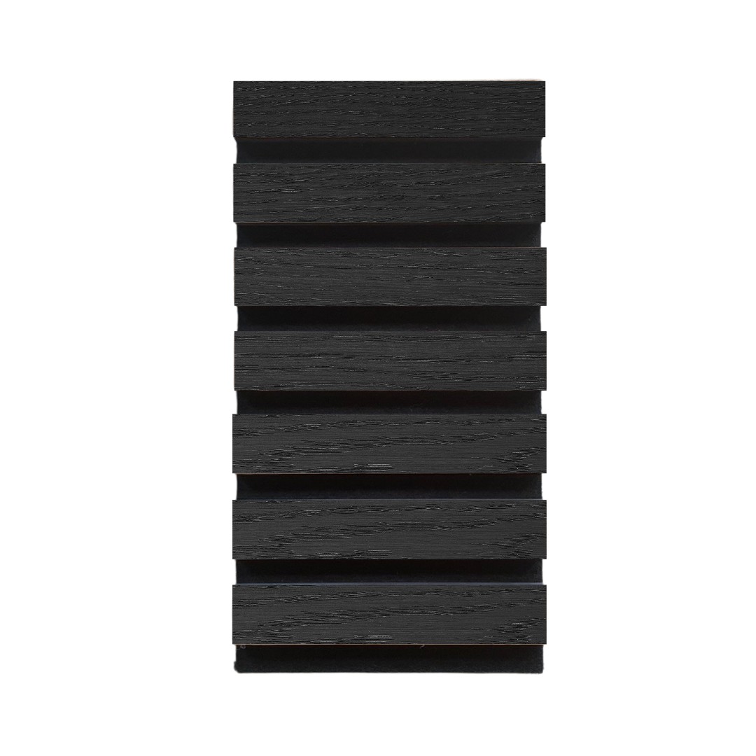 High-quality &amp; sustainable Scandinavian inspired European Smoked Oak noise reducing acoustic wood slat wall and ceiling panel sample from aura + form.